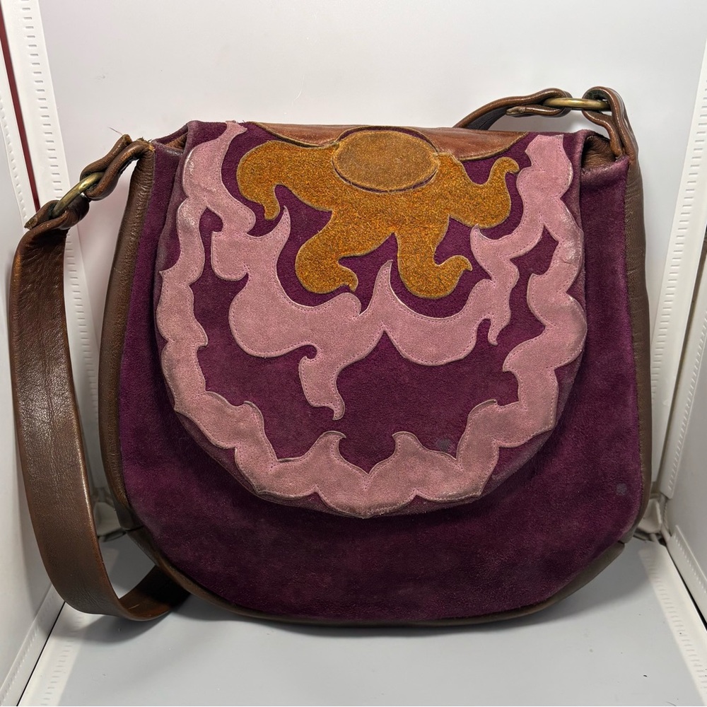 Vintage Boho leather purse in Plum with Pink & Mustard suede Accents